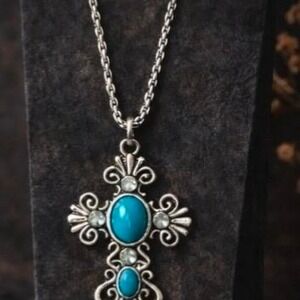 Turquoise Beaded necklace with Silver Toned Cross and chain | Faith collection